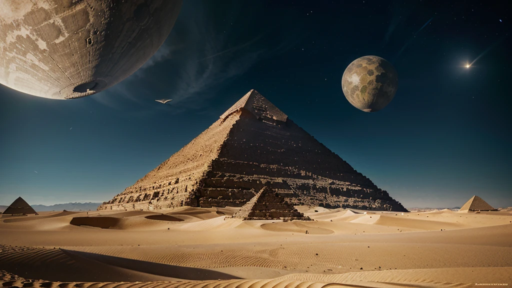 In the center of the image there are three pyramids. In the background of the image there is an alien ship.