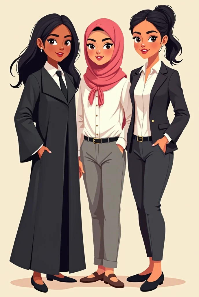 Three women cartoon with white skin tone,
one on the left wearing a graduation uniform (Blac hair),
one in the middle wearing a white highschool uniform with including a hijab,
and one on the right wearing an office worker uniform (Black hair).
