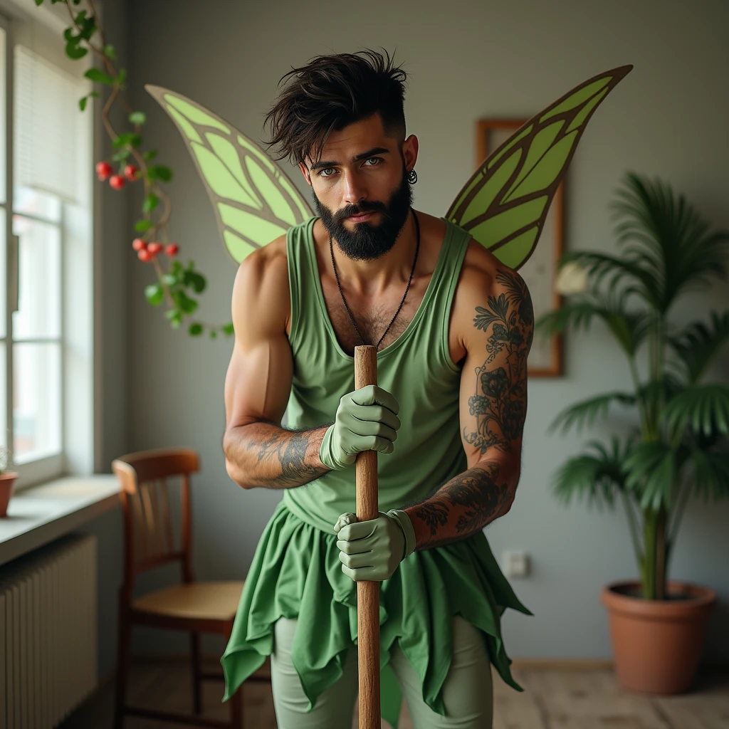 Handsome 33 year old man, brazileiro, tattoo on right arm, ear rings, dark beard, very white skin, short dark brown hair, small straight nose, sunken eyes green color, sexly. He is dressed as a fairy, using cleaning gloves, leaning on a broom. He is cleaning a dirty modern apartment and smiling shyly