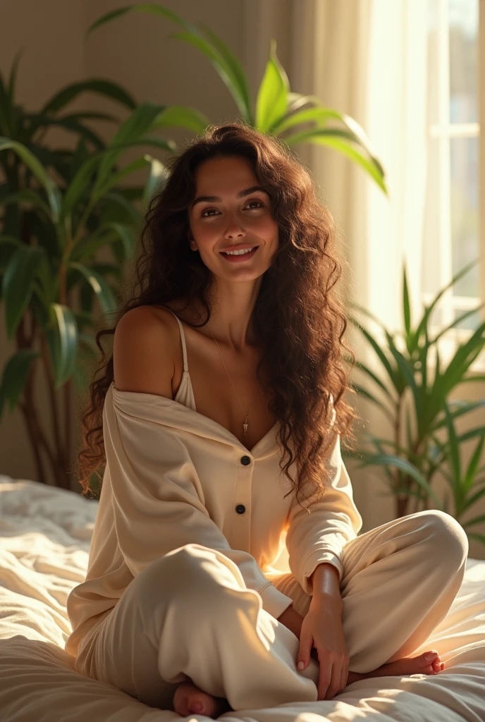 (photorealism:1.2), beautiful woman, sitting on bed, wearing loose off-shoulder top, pajama pants, long curly hair, indoors, soft lighting, plants in background, window with sunlight, cozy room, relaxed pose, realistic, intricate details, warm colors, by Greg Rutkowski, by Alphonse Mucha