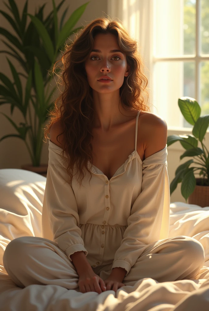(photorealism:1.2), beautiful woman, sitting on bed, wearing loose off-shoulder top, pajama pants, long curly hair, indoors, soft lighting, plants in background, window with sunlight, cozy room, relaxed pose, realistic, intricate details, warm colors, by Greg Rutkowski, by Alphonse Mucha