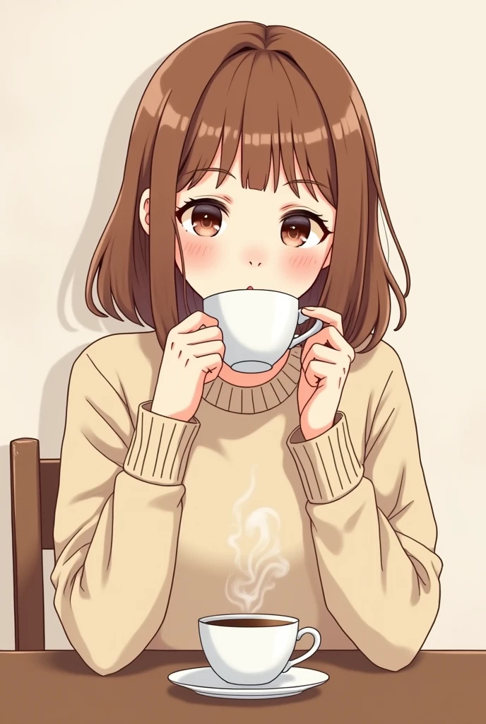 Create a LINE sticker of a brown-haired girl with bangs named Miya who is drinking coffee., full body image.