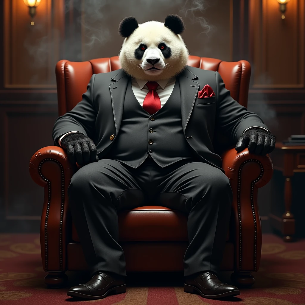 "Create a realistic image of a burly panda in a custom-fitted, dark grey suit with a red silk tie and polished leather shoes. The panda is sitting back in a luxurious leather armchair, holding a cigar in one paw and exhaling a thick, swirling cloud of smoke. The panda’s expression is calm yet intimidating, exuding power and control. The background includes a dimly lit, upscale cigar lounge with warm, ambient lighting."