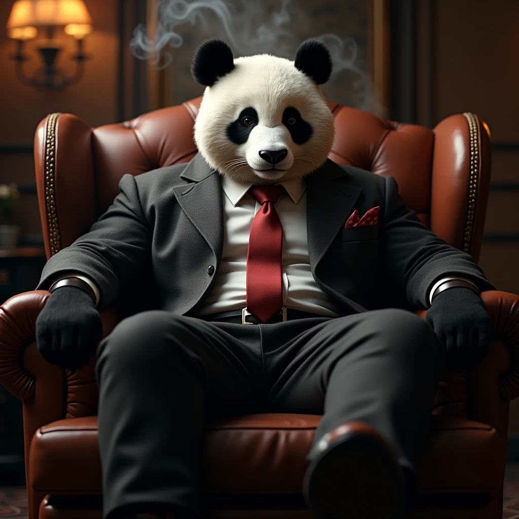 "Create a realistic image of a burly panda in a custom-fitted, dark grey suit with a red silk tie and polished leather shoes. The panda is sitting back in a luxurious leather armchair, holding a cigar in one paw and exhaling a thick, swirling cloud of smoke. The panda’s expression is calm yet intimidating, exuding power and control. The background includes a dimly lit, upscale cigar lounge with warm, ambient lighting."
