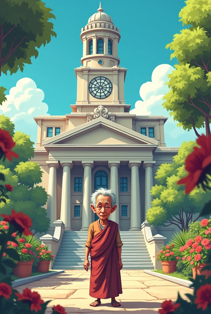 Large council building with an old lady in front in cartoon style