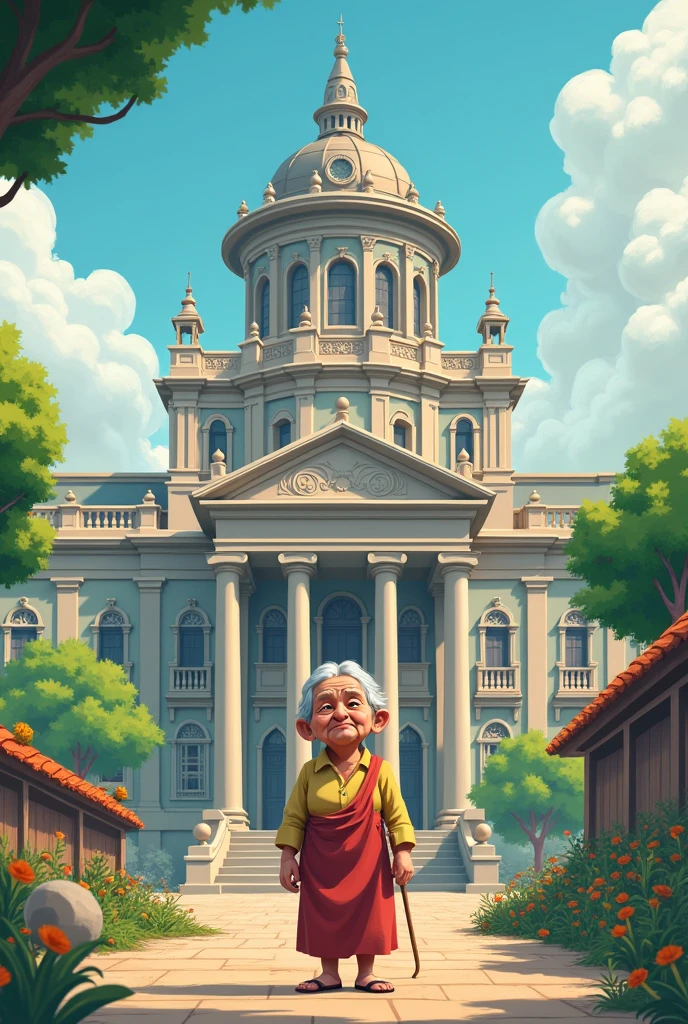 Large council building with an old lady in front in cartoon style 