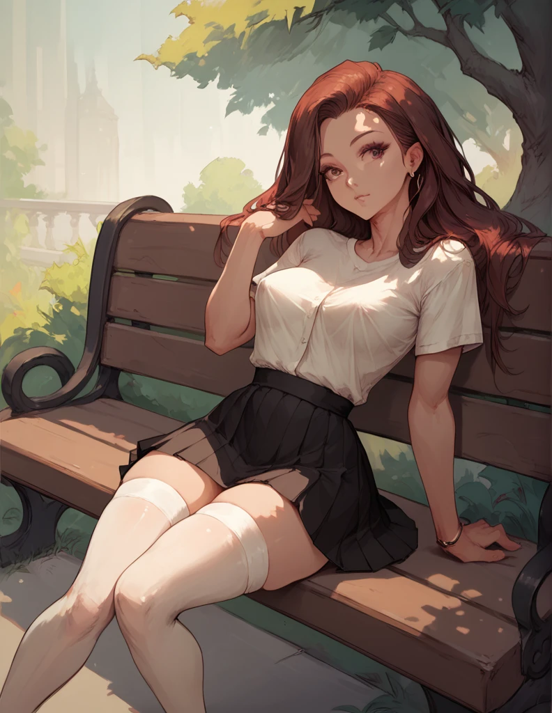 ,Female, 18 years, cute girl, Female,skirt,In tight stockings,Slightly transparent top, slender body, sits on a bench, against the background of the park