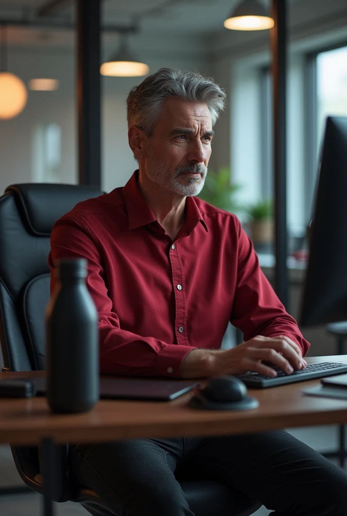 A spects man with red shirt and black jeans , sitting in the of office and front of his desktop system,a black colour water bottle