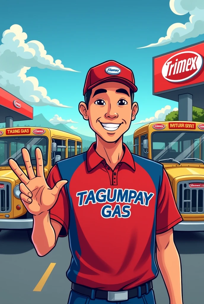 Can you make me a cartoonized filipino man as a pump attendant wearing red and blue shirt like inviting you to gas up as a logo and has a Tagumpay text on his uniform and make the background looks like a gas station named Tagumpay Gas with filipino traditional jeepneys in the background like lining up for gas. Make sure that the jeepney is the old style filipino jeep with Trimex on his signage as his route on the front of the jeep
