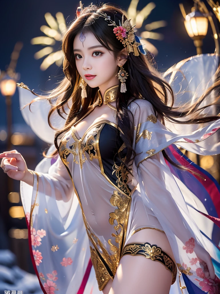 A female model, (Race:Chinese),((night, fireworks, moonlight, Creek)), (8K Ultra HD, 8K, Ultra-high resolution, best quality, masterpiece, Surrealism, Digital SLR Camera, Soft Light, Bokeh, Masterpieces), ((((Beautiful model-like face))), (Creating the image of a real girl), warm light, Realistic shadows, Dynamic poses, Elegant Posture, Cowboy lens, Full body front view, Be confident, Body facing the camera, Standing facing the camera, Open your legs slightly, Golden Ratio Graphics, Minimalism), (Happy smile, Big watery eyes, Cherry Blossom, Balanced Eyes, Perfect beautiful face, Normal facial features, Realistic skin, Attention to skin details, Skin is clean and radiant, Whitening, Anatomically correct body, 沙漏型figure, figure, cosmetic, Gloves, earrings, bracelet, necklace, Jewelry, veil, Hair accessories, Headdress, shawl), ((beautiful hair), Reddish-brown hair, Wavy curly hairstyle, Waist-length hair, Messy Hairstyle, Gradient hairstyles, Cyberpunk hairstyle), ((Transparent clothes：1.5), (Color of clothes: Pink background with blue border), Transparent sci-fi clothes, (Clothes that accentuate your bust shape)), (Sexy的, Perfect breast shape, Teardrop chest shape, Snow-white breasts, very detailed breasts, 36C cups), (Super high waist, Deep V, Low-cut, Sexy, Flattering, Open crotch, (Camel toe, High fork strangulation)), (sock, Knee socks, 吊garter, Leg ring, garter, 腿部garter), (style:Sexy,Mature), (Wet body:1.0) , (Wet clothes:1.0) 