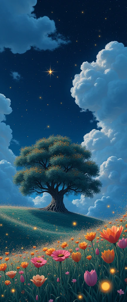 masterpiece!!!! 8k There are huge flowers,    ESTELO ANIME GHIBLI!!!!! The image shows a serene night scene of a Field of Flowers!!!!                       on the Hill, big tree,  majestic clouds billowing blue golden lighting anime 8k l fireflies grass night golden leaves stylo anime ghibli, under tree, boil a night sky, clouds animated lighting!!!!!! and shadow, majestic undulating fireflies blue golden lighting anime 8k l fireflies grass night golden leaves anime style ghibli,