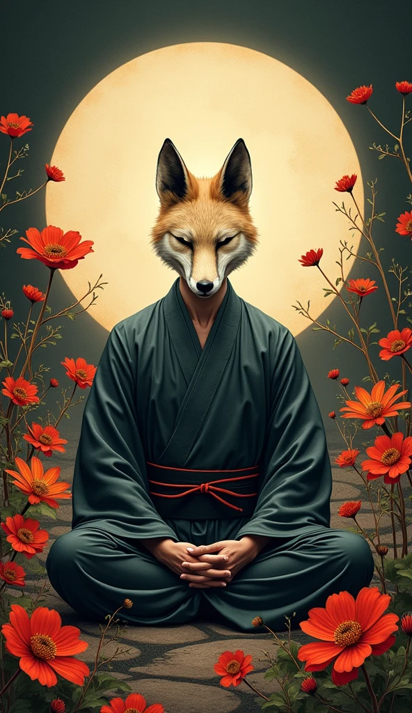 A person in traditional Japanese clothing is sitting in a meditation pose。Put on a fox mask、A circular halo of light shines behind、Fantastic red and orange flowers emerge。The scene is set against a dark background.、There is a mysterious and supernatural atmosphere。overall、A Japanese art style with a fantastical and otherworldly beauty。