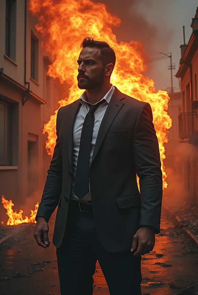 Dark background, explosion, nuke going off, mushroom cloud. Smoke, black, fire, smoke, hate, lonely man walking