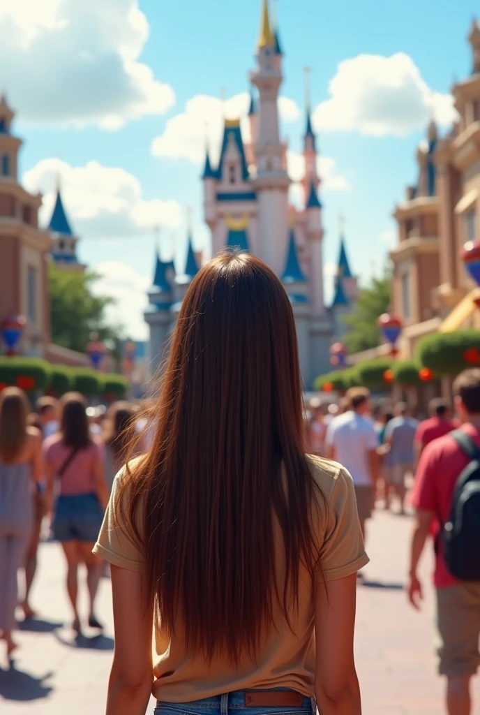 A straight brown haired woman from behind visiting Disney 