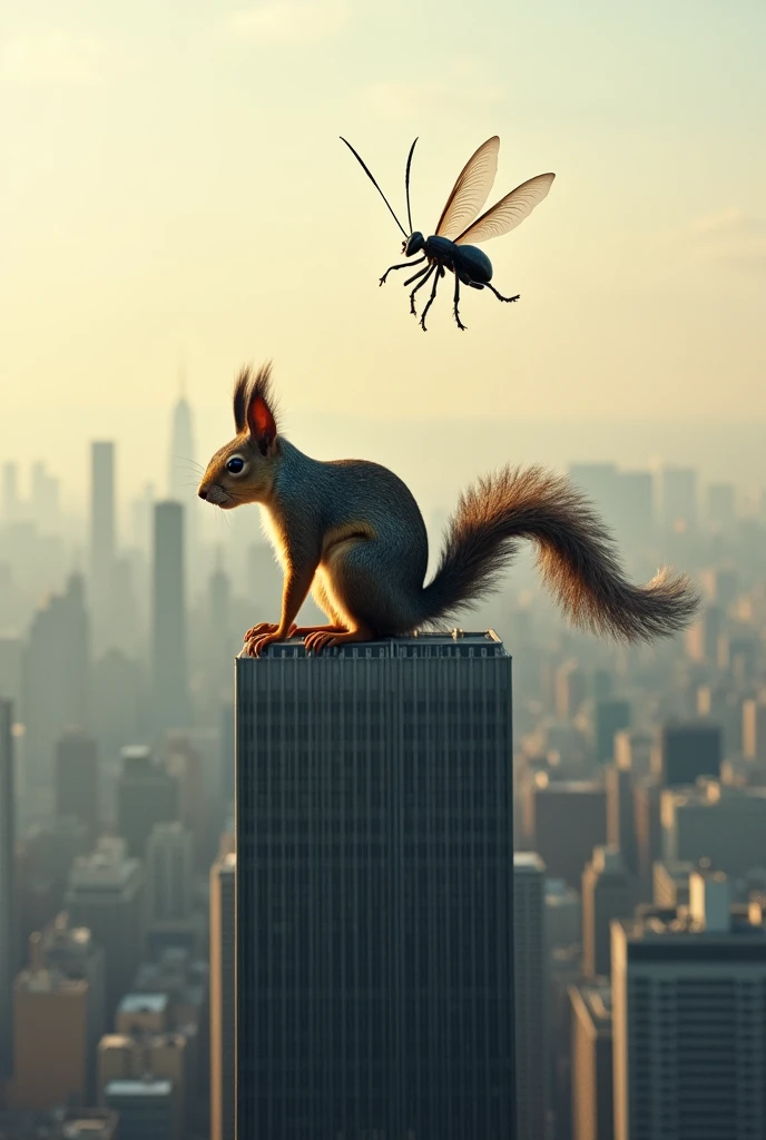 A squirrel on top of a skyscraper, with a giant insect flying nearby, the city skyline spread out below.