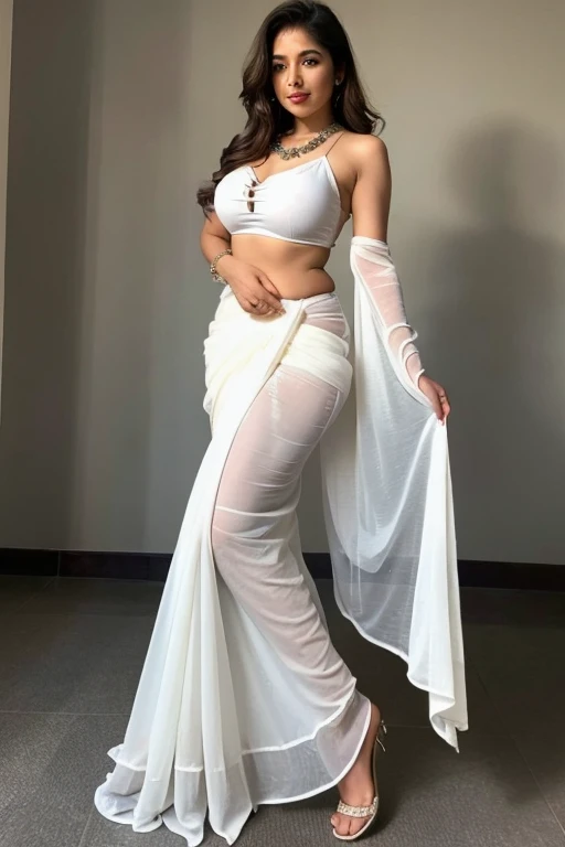 ((best quality)), ((masterpiece)), Indian women with bigger boobs and big butts in white thin saree without bra