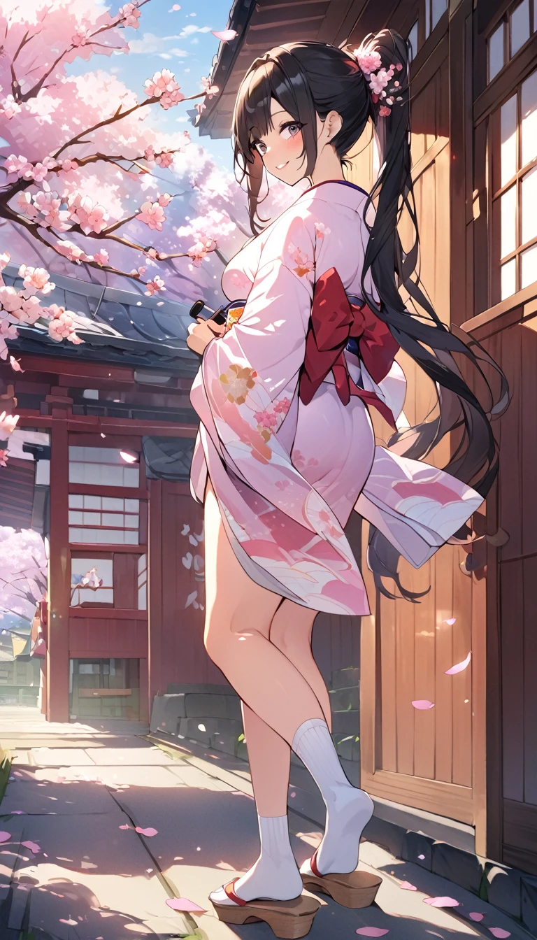 One Woman、beautiful girl、after school、evening、kimono、kimono、ponytail、Straw sandals、School、Back of the school building、spring、Cherry tree々、Cherry blossom petals fluttering、Long Hair、Highest quality、Ultra HD、Black Hair、smile、8 heads、White tabi socks、Japanese Umbrella