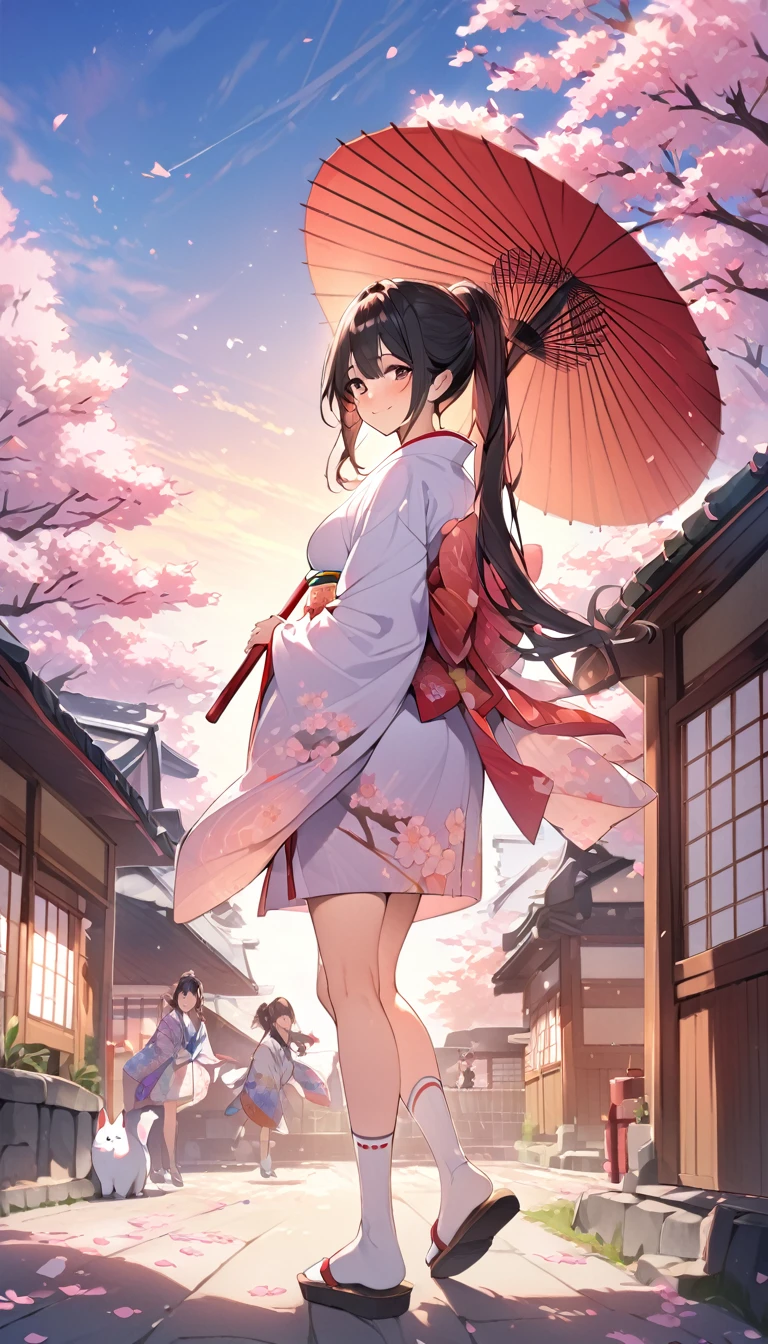 One Woman、beautiful girl、after school、evening、kimono、kimono、ponytail、Straw sandals、School、Back of the school building、spring、Cherry tree々、Cherry blossom petals fluttering、Long Hair、Highest quality、Ultra HD、Black Hair、smile、8 heads、White tabi socks、Japanese Umbrella