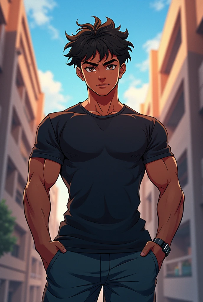 (Anime),(Breakdomain),(Young 17-year-old boy, with average physical appearance and a height of 1.80 m.), (Dark skin color: 2.0), his eyes are brown and his hair is short, black and curly. His face has mixed features, with a thick, flat nose, and a large but slightly thin mouth. His build is athletic and well defined, with obvious muscles. He walks with confidence, his expression serious, but his eyes shine with restrained energy. His presence is imposing and magnetic, drawing the attention of everyone around him.)