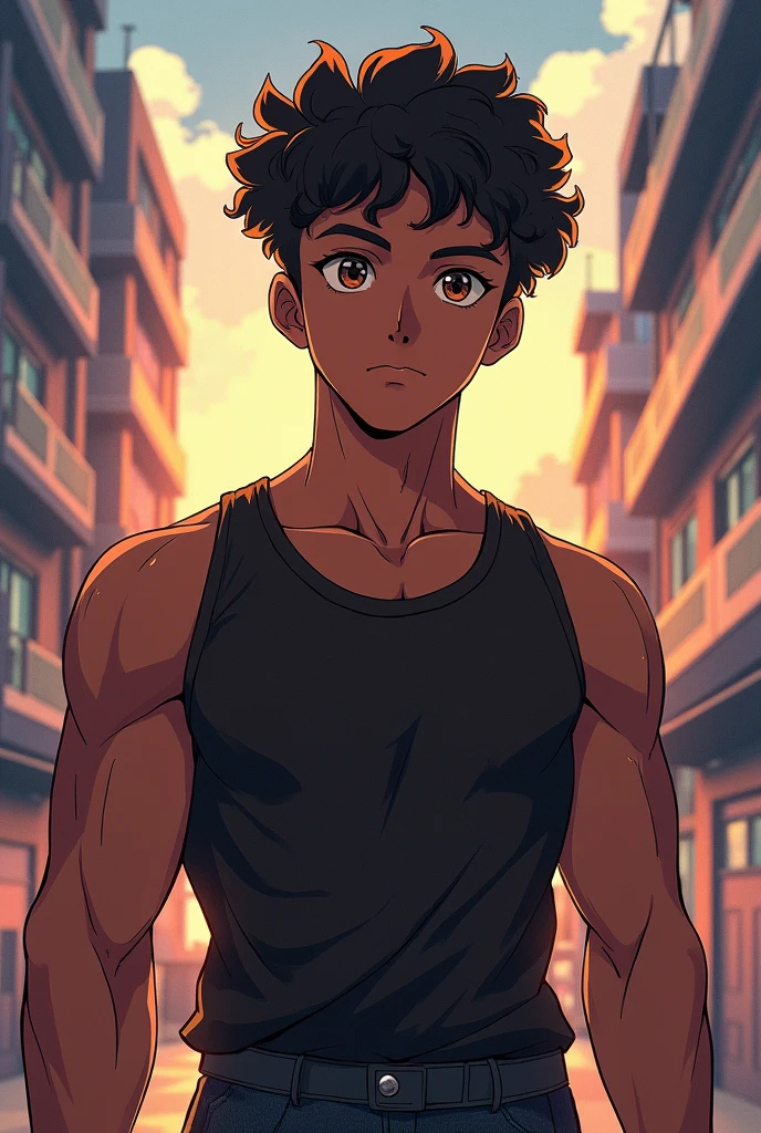 (Anime),(Breakdomain),(-year-old, witverage physical appearance and a height of 1.80 m.), (Dark skin color: 2.0), his eyes are brown and his hair is short, black and curly. His face has mixed features, with a thick, flat nose, and a large but slightly thin mouth. His build is athletic and well defined, with obvious muscles. He walks with confidence, his expression serious, but his eyes shine with restrained energy. His presence is imposing and magnetic, drawing the attention of everyone around him.)