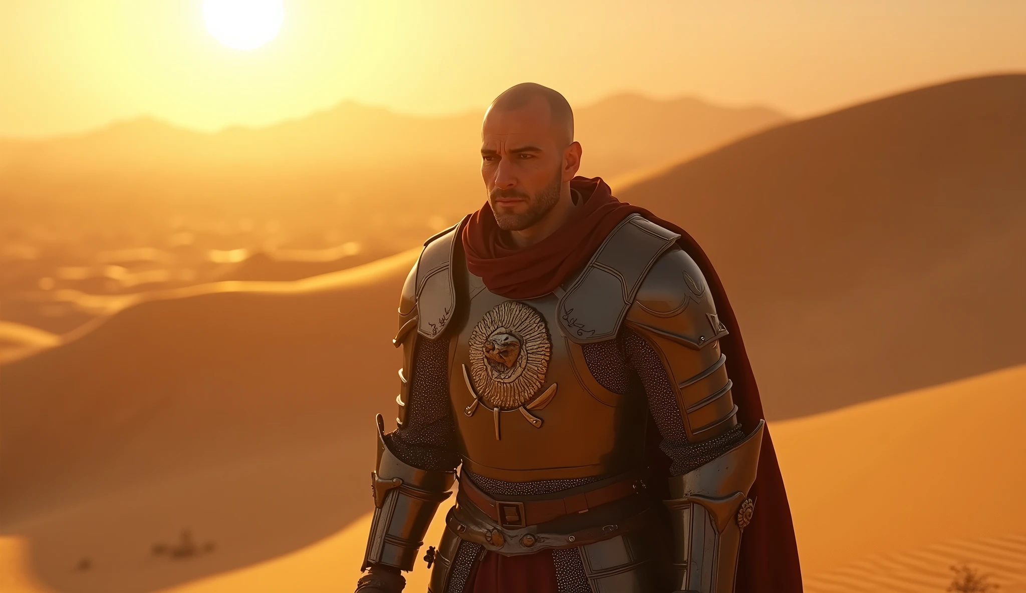 A highly realistic, high-contrast, 8k hd, detailed, hyper-detailed image set in a desert during sunset. The scene features "Tadokoro," a knight with a shaved head, clad in steel armor with a prominent lion emblem on his chest, raising a small knife while clearly enduring intense pain. His face reflects the struggle as he fights through the pain, his expression tense and strained. The warm, golden light of the setting sun casts dramatic shadows across the sandy desert, highlighting the details of his armor and the lion emblem. The atmosphere is filled with a mix of tension and determination, capturing the moment as "Tadokoro" prepares to strike despite the physical agony. The image is of the highest quality, with ultra-high resolution, RAW photo quality, and Unreal Engine rendering, showcasing "Tadokoro" in the desert at sunset, with his small knife raised, battling both his enemies and his own suffering.
