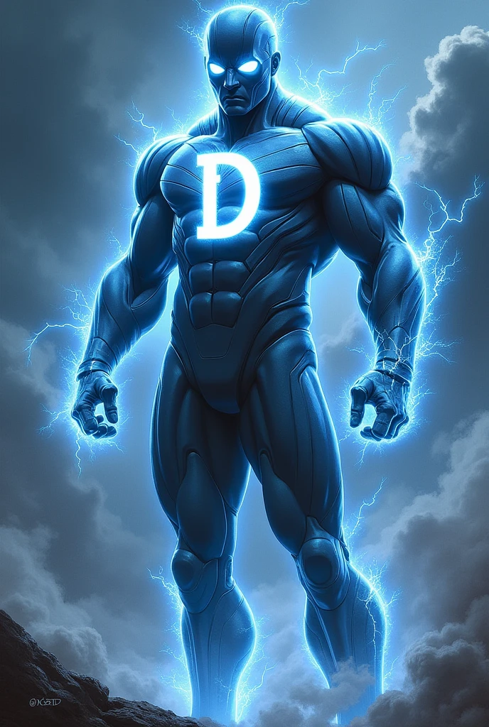 Create a superhero with the name dex raiden lightning around Faceless man Add the letter D on the chest with lightning