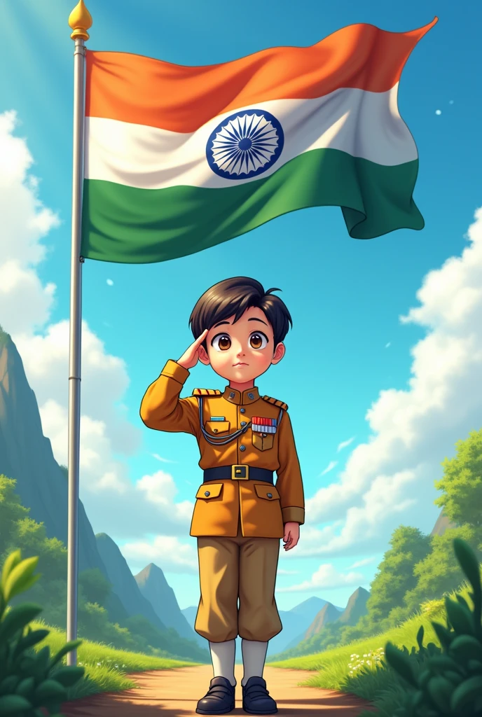 Create an image of an anime boy and saluting to indian national flag