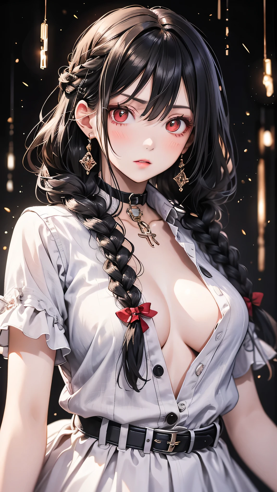 (masterpiece, Highest quality: 1.2), night, Highly detailed face, The real picture, Realistic Skin, Realistic body, Intricate details), Red eyes (Intimidating look), A slight blush, Social attire, Half-open button-up shirt (white), whiteいブラジャー, skirt (black), black belt with buckle, Big Hair (Stick to braids), Mid-chest, close, Slender beauty,