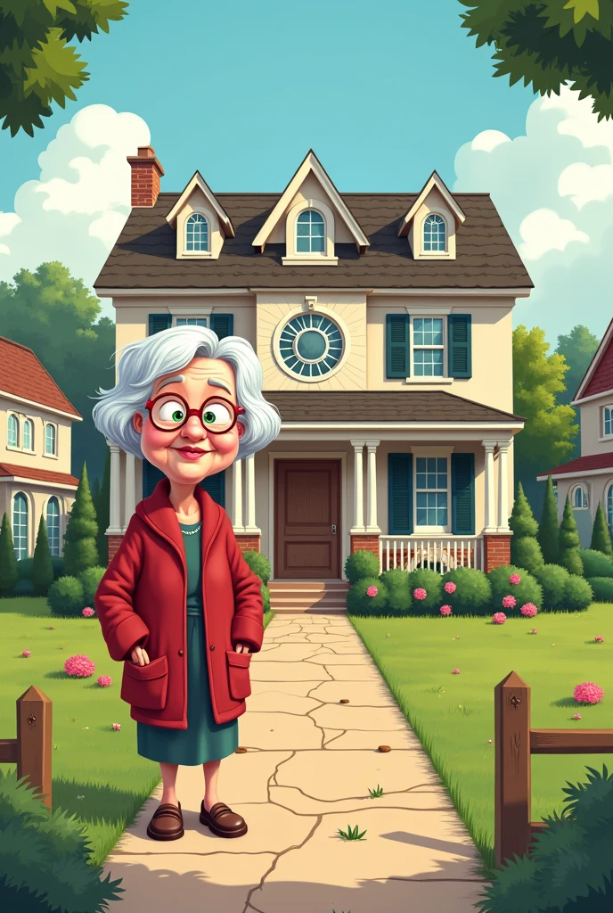 Large suburban building with an old lady in front in cartoon style