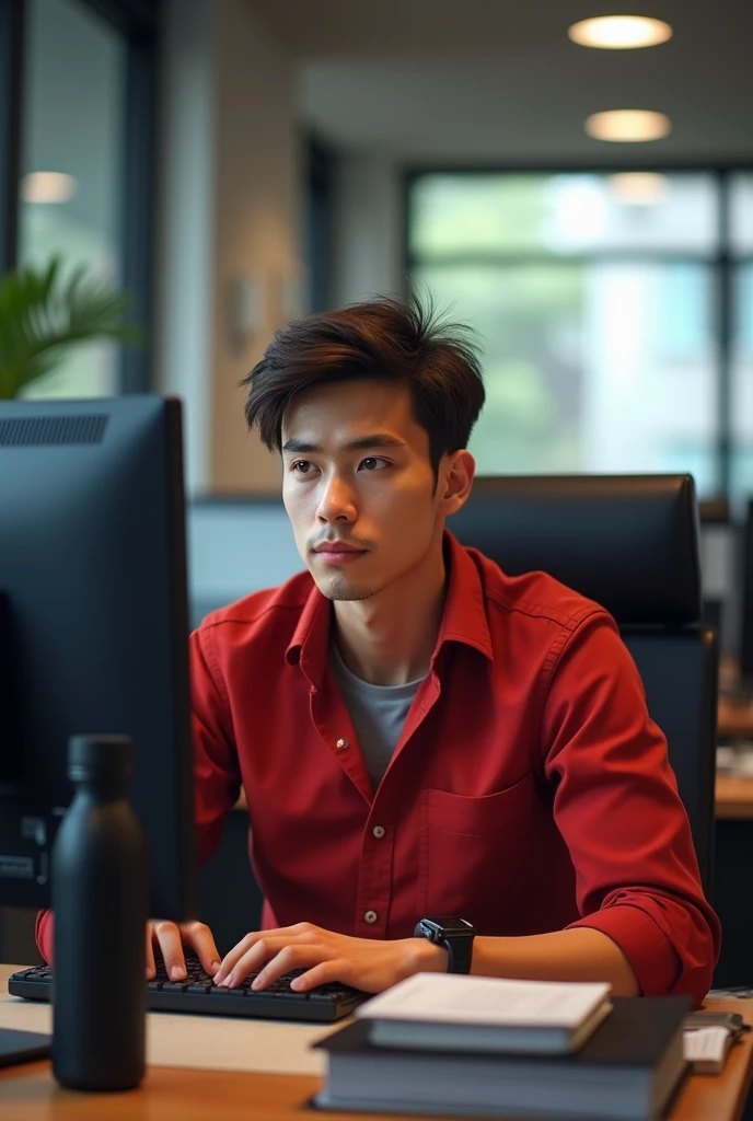 A spects 24years boy with red shirt and black jeans , sitting in the of office and front of his desktop system,a black colour water bottle 