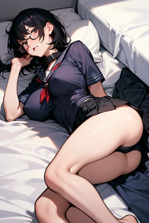 A girl wearing glasses, a school uniform, a short skirt, black hair, shy, showing her thighs, lying on a bed, barefoot, sweating, wearing a collar, being led by a man, sticking out her tongue, neat, her arms tied up, big breasts, big ass.