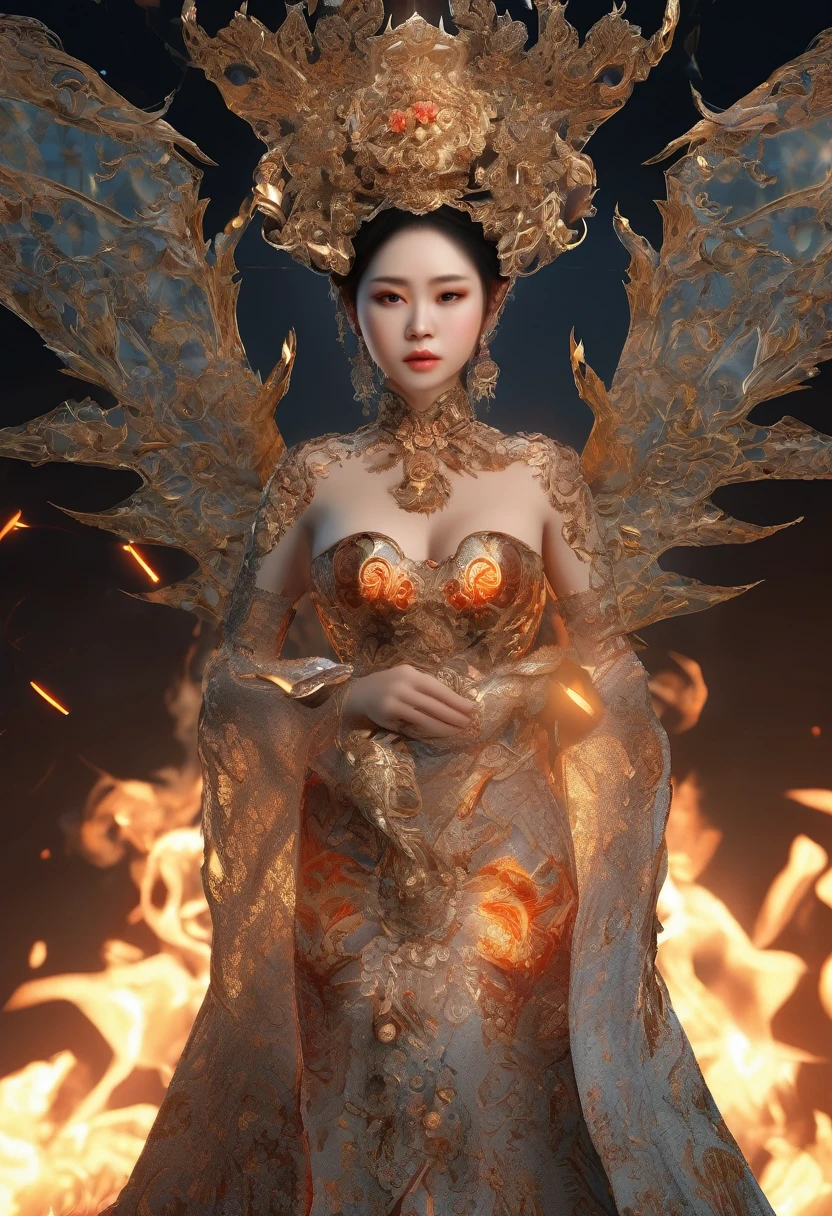 arafed woman vietnamese with gigantic breast, wearing a dress formed from water,
In the sea, wearing an ornate outfit, ornate dress, intricate dress, elegant fire dress, ornate and elegant, extravagant dress, inspired by Hedi Xandt, ornate attire, intricate outfit, ornate royal gown, ornate clothing, ornate gown, intricate and elegant, intricate detailed dress, ornate , high heels, royal dress, detailed hand, Fire in the body, water on the dress, lightning element, fire element, lightning wings,full water,Transparent clothing, masterpiece, best quality:1.2),,(8k,highres,RAW photo,realistic,photo-realistic:1.3),(detailed skin texture,detailed cloth texture,detailed water, texture, beautiful detailed face:1.25),professional lighting,photon mapping,beautiful soft light,radiosity,physically-based rendering,raytracing, model shoot style, model shoot style, (extremely detailed CG unity 8k wallpaper), full shot body photo of the most beautiful artwork in the world,