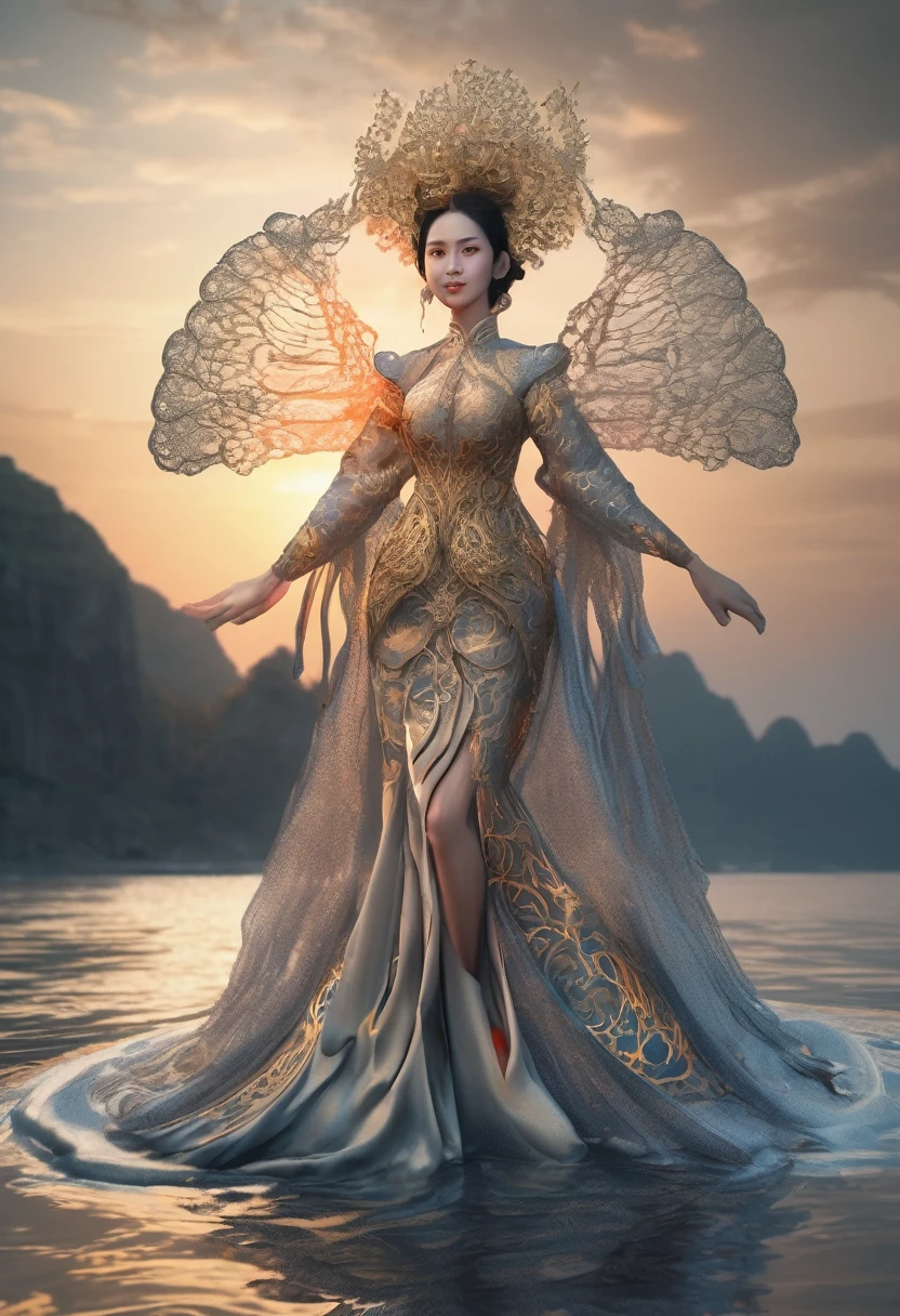 arafed woman vietnamese with gigantic breast, wearing a dress formed from water,
In the sea, wearing an ornate outfit, ornate dress, intricate dress, elegant fire dress, ornate and elegant, extravagant dress, inspired by Hedi Xandt, ornate attire, intricate outfit, ornate royal gown, ornate clothing, ornate gown, intricate and elegant, intricate detailed dress, ornate , high heels, royal dress, detailed hand, Fire in the body, water on the dress, lightning element, fire element, lightning wings,full water,Transparent clothing, masterpiece, best quality:1.2),,(8k,highres,RAW photo,realistic,photo-realistic:1.3),(detailed skin texture,detailed cloth texture,detailed water, texture, beautiful detailed face:1.25),professional lighting,photon mapping,beautiful soft light,radiosity,physically-based rendering,raytracing, model shoot style, model shoot style, (extremely detailed CG unity 8k wallpaper), full shot body photo of the most beautiful artwork in the world,