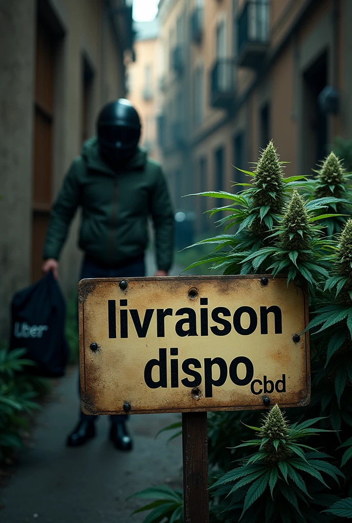 Plaquette écrit " livraison dispo" "CBD" avec des fleurs de cbd dans une ruelle sombre, en arrières plan un homme casque moto noir, smoking vert,  sac uber weed, scooter, dark