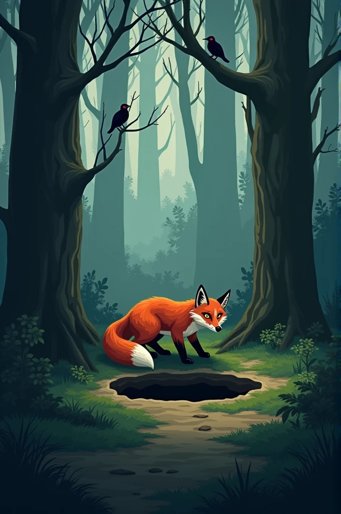 In a dense, shadowy forest with towering trees, the fox is seen digging a deep hole. He’s carefully covering the pit with leaves and twigs, his eyes glinting with sly determination. The background shows a tranquil, undisturbed forest, with birds perched on branches, unaware of the fox’s intentions. The atmosphere is one of quiet scheming.