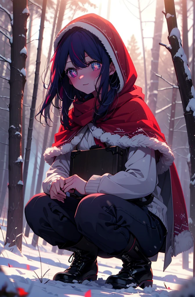 aihoshino, Ai Hoshino, Long Hair, bangs, (Purple eyes:1.1), Purple Hair, (Symbol-shaped pupil:1.5), smile,,smile,blush,white breath,
Open your mouth,snow,Ground bonfire, Outdoor, boots, snowing, From the side, wood, suitcase, Cape, Blurred, , forest, White handbag, nature,  Squat, Mouth closed, Cape, winter, Written boundary depth, Black shoes, red Cape break looking at viewer, Upper Body, whole body, break Outdoor, forest, nature, break (masterpiece:1.2), Highest quality, High resolution, unity 8k wallpaper, (shape:0.8), (Beautiful and beautiful eyes:1.6), Highly detailed face, Perfect lighting, Highly detailed CG, (Perfect hands, Perfect Anatomy),