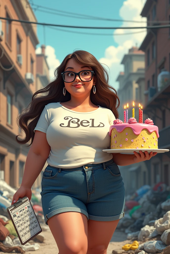 a 32 year old chubby girl long wavey hair wearing t-shirt with name "Bel" and denim short and black eyeglasses holding a bingo card in her right hand and a calendar in her background is in the garbage, and has a Big Cake in her side because it's her birthday