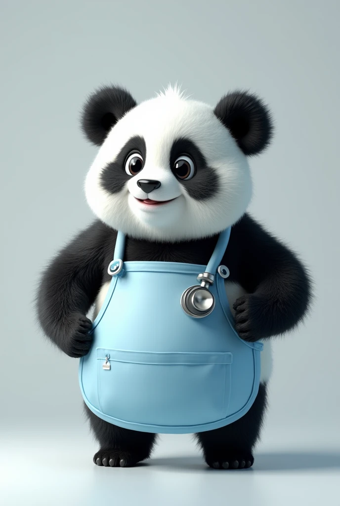 Make a panda with white and blue apron , with stethoscope,cute and hyper realistic ,fatty panda