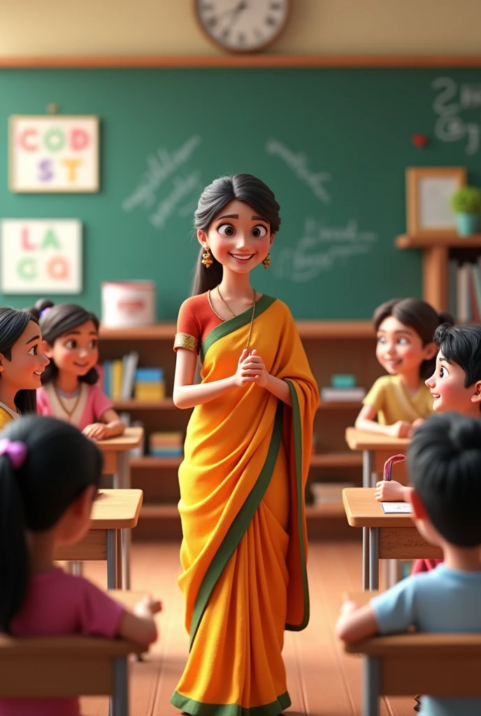 School teacher saree with class students one student talk ai 3d image cartoon type