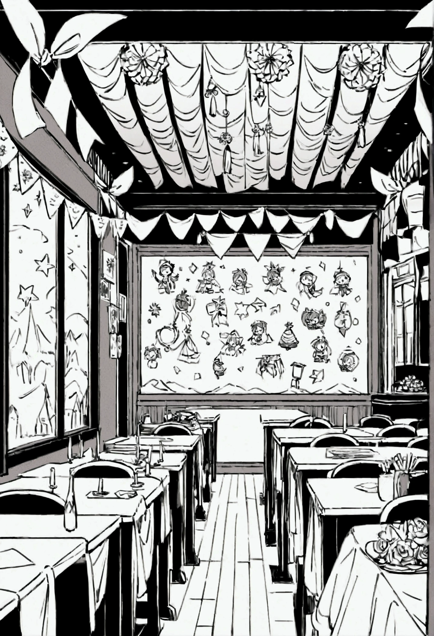 Create a line art illustration of a classroom interior festively decorated with DIY, affordable materials. The room features paper flowers, tassel garlands, banners, candlesticks, sparkling garlands, bandana banners, DIY bunting, a paper chain backdrop, and tissue paper pom-poms. The chalkboard is decorated with cheerful drawings and framed with garlands. Emphasize the handcrafted, simple yet beautiful decorations, ensuring the room is filled with festive details. No people should be present, decorations everywhere and the image should be in line art without color.