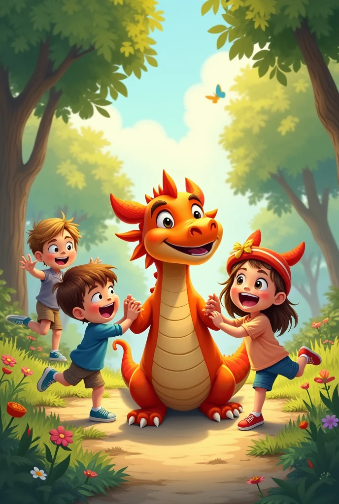 Generate a cartoon image of 4 year old kids playing with dragon in park joyfully