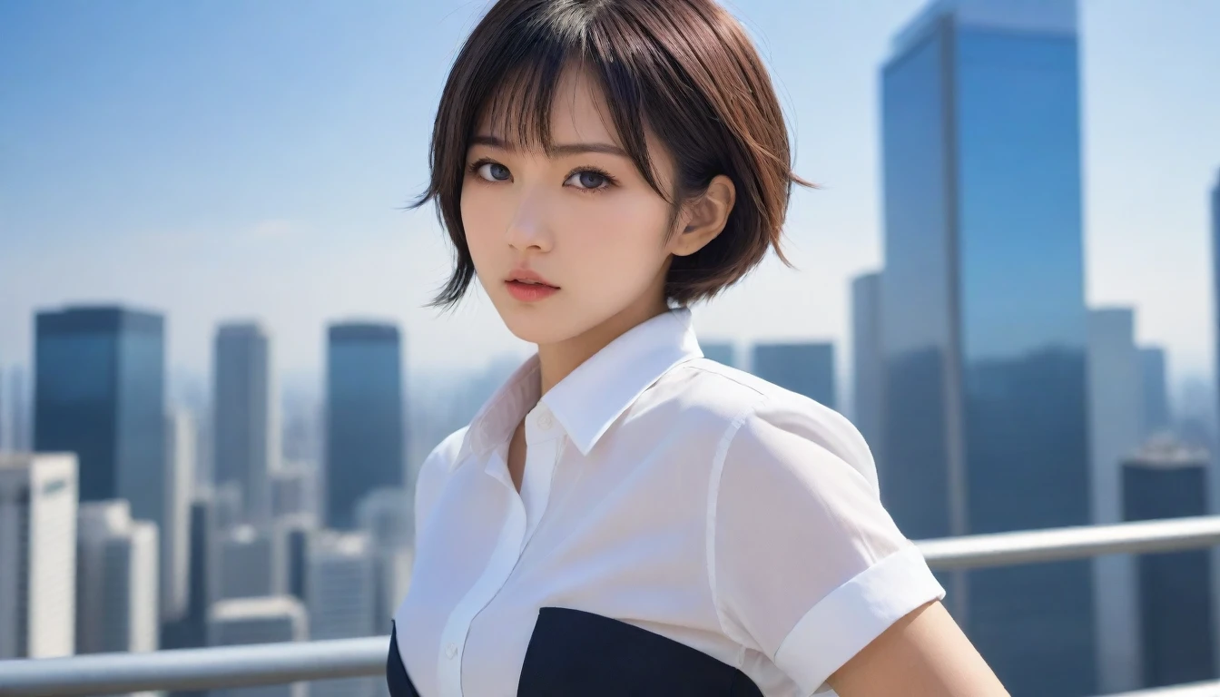 8k, Ultra-high resolution, Highest quality, masterpiece, 三分割法によるphotograph,Surreal, photograph, 1 , (:1.3), cute, cute顔, 細部までBeautiful Eyes, 細かくdetailedに,masterpiece,One Girl:1.2,Japanese women,Female announcer,cowboy shot,glaring,Black short hair,messy hair,from side,(White shirt:1.3),Blazer,Pencil Skirt,Rooftop,white collar,blue sky,Background of skyscrapers,(Beautiful attention to detail),Subtle details, detailedな顔,anger,Attractive eyes,(ポートレートphotograph:1.4),(Photorealistic images:1.4),Fantasy art,(Beautiful Face:1.4),美しくAttractive eyes、Beautiful Eyes,Silver residue,(Tight waist:1.4)、(Beautiful with perfect body proportions:1.4),Pink Lips,profile,(((Ideal body type))),A-cup small breasts :2,、Portraiture:2、Perfect Anatomy、鮮明なdetailed、detailed,Fashion magazine cover,Thin lips,完璧でBeautiful Face ,完璧でcute顔, Skin with attention to detail, Perfect limbs、Narrow waist,Surreal,Light and shadow,sunlight