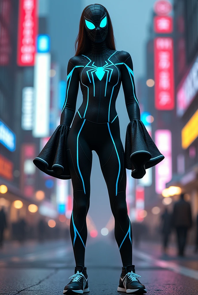 Create a spiderwoman suit that has black and cyan highlights that also have  bell prive sleeves. She is wearing the black and white jordans