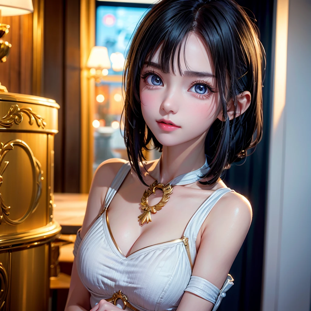 One Girl,(とてもcute少女:1.3),masterpiece,Highest quality,High resolution,Symmetrical,Straight,Photorealistic,RAW Photos,Ray Tracing,Physically Based Rendering,beautiful girl,(:1.3),cute,Big eyes,(detailed pupils:1.2),(The face is facing straight ahead:1.3),Body facing forward,Beautiful nose,High nose,Upturned nose,Fuller lips,Short black hair,ponytail,short hair,Detailed eyelashes,Thin eyebrows,Very fine grain definition,(Symmetrical eyes,Golden Ratio:1.3),(Face close-up,Face Focus:1.0),Small breasts,Slim figure,Short neck,White swimsuit,White Bikini,Ocean,Southern Island,Blue sky,White cloud,Portrait,View Viewer,Upper Body,Cinema Lighting,High resolution,Very detailed