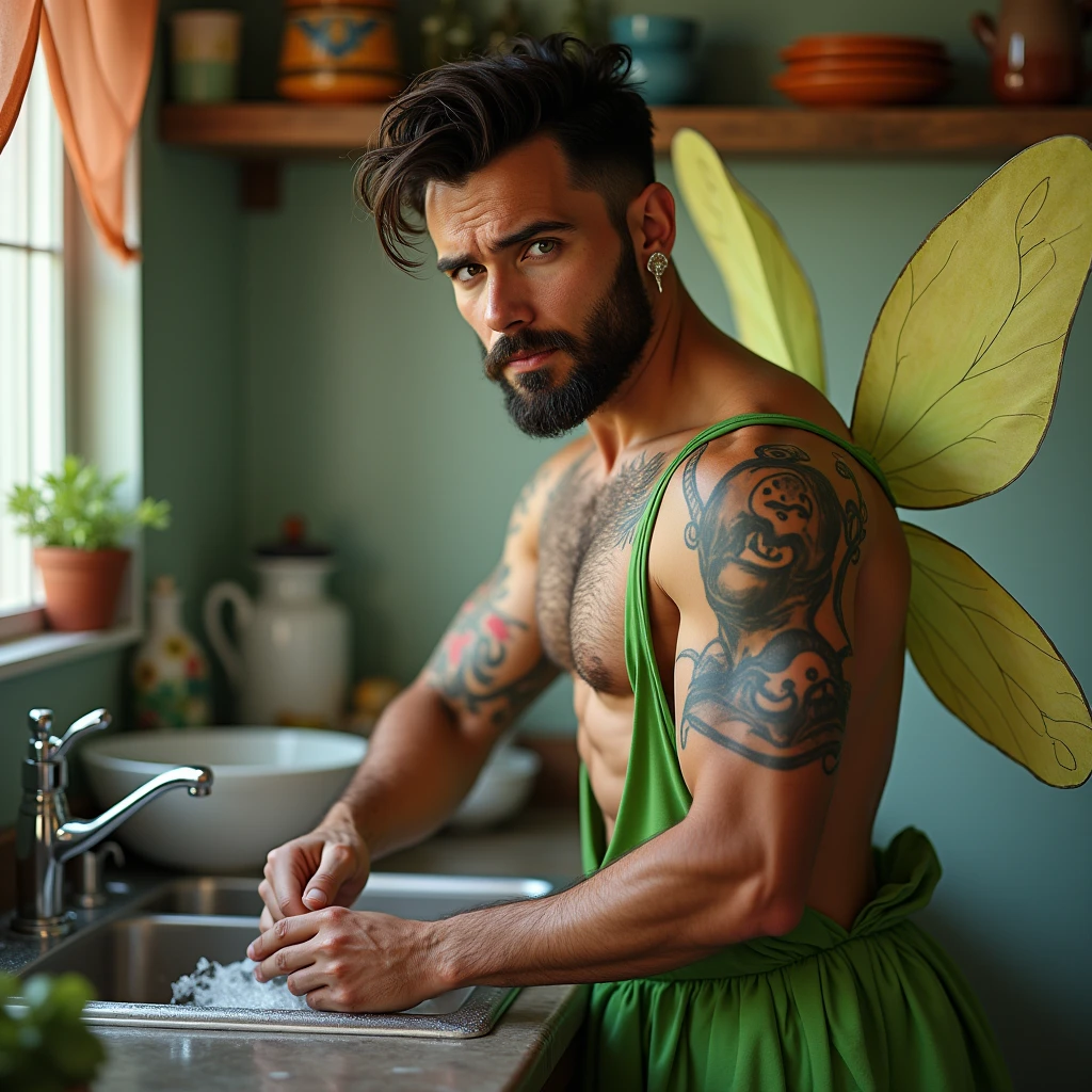 Handsome 33 year old man, brazileiro, tattoo on right arm, ear rings, dark beard, very white skin, short dark brown hair, small straight nose, sunken eyes green color, sexly. washing dishes, having fun and dressed as a fairy