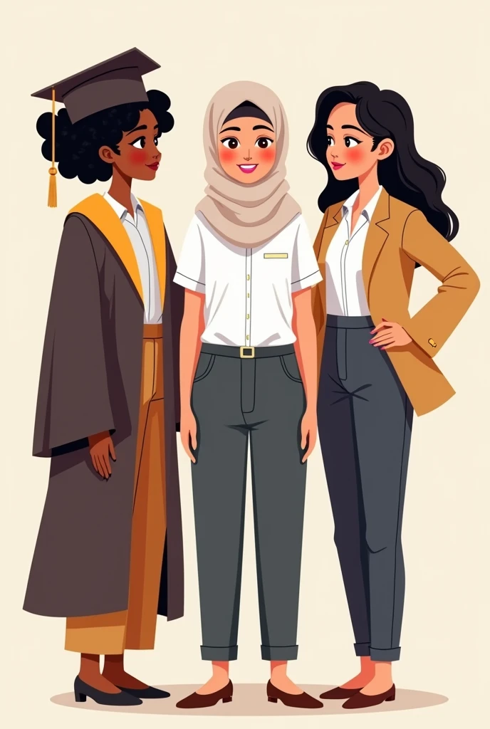 Three women cartoon with white skin tone, 
one on the left wearing a graduation uniform (Blac hair) with weight 58kg, 
one in the middle wearing a white highschool uniform with including a hijab with weight 50kh, 
and one on the right wearing an office worker uniform (Black hair) with weight 65kg.