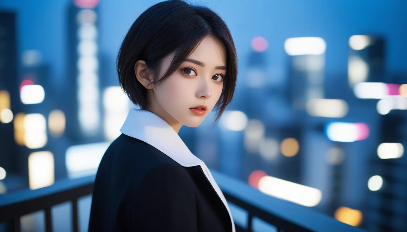 8k, Ultra-high resolution, Highest quality, masterpiece, 三分割法によるphotograph,Surreal, photograph, 1 , (:1.3), cute, cute顔, 細部までBeautiful Eyes, 細かくdetailedに,masterpiece,One Girl:1.2,Japanese women,Female announcer,cowboy shot,glaring,Black short hair,messy hair,from side,(White shirt:1.3),Blazer,Pencil Skirt,Rooftop,white collar,blue sky,Background of skyscrapers,(Beautiful attention to detail),Subtle details, detailedな顔,anger,Attractive eyes,(ポートレートphotograph:1.4),(Photorealistic images:1.4),Fantasy art,(Beautiful Face:1.4),美しくAttractive eyes、Beautiful Eyes,Silver residue,(Tight waist:1.4)、(Beautiful with perfect body proportions:1.4),Pink Lips,profile,(((Ideal body type))),A-cup small breasts :2,、Portraiture:2、Perfect Anatomy、鮮明なdetailed、detailed,Fashion magazine cover,Thin lips,完璧でBeautiful Face ,完璧でcute顔, Skin with attention to detail, Perfect limbs、Narrow waist,Surreal,Light and shadow,sunlight