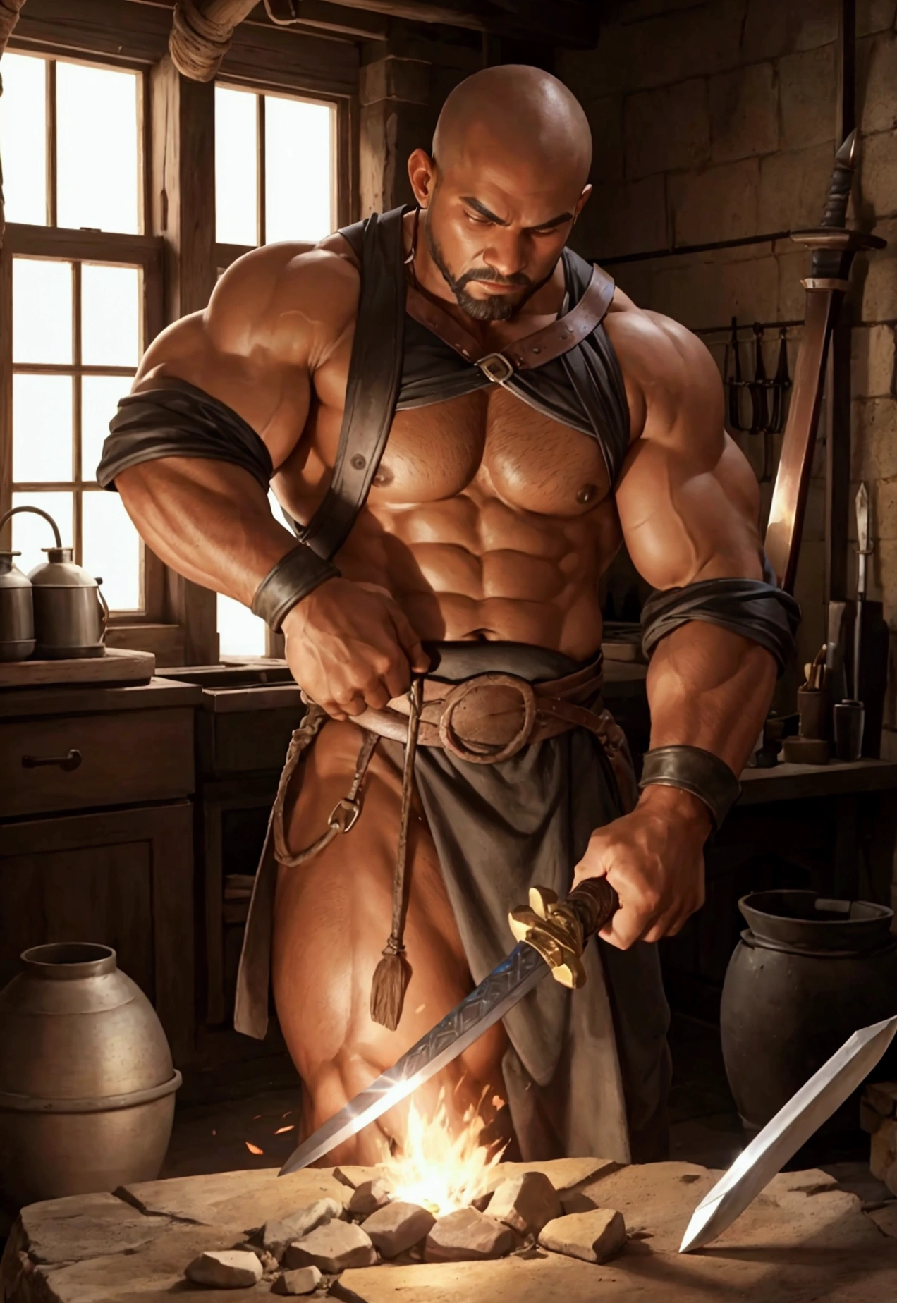 A large, muscular blacksmith、Shaved head、Brown skin、blacksmith、Perfect Body、Highest quality、High resolution、Forging a sword