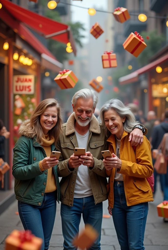 3 people of different ages on the street , All with a phone in their hand , smiling and very happy, in front of a shop window that says " Juan Luis hairdresser" It's raining gift boxes from the sky and there are some gift boxes on the ground