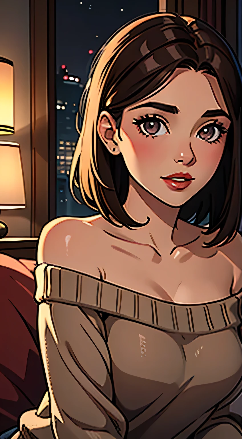 Amazing portrait of a woman who is 30 years old and an adult and a sexy and cute woman who is your best friend's sister who is alone at her  home having a late night gaming session with her brown hair in a short bob style with soft eyes and parted lips with a deep blush wearing an off shoulder oversized grey sweater sitting on a  couch during night time and it's raining outside with warm lighting inside during night time with soft lighting showcasing her red lips and her beautiful face in detail and close up 